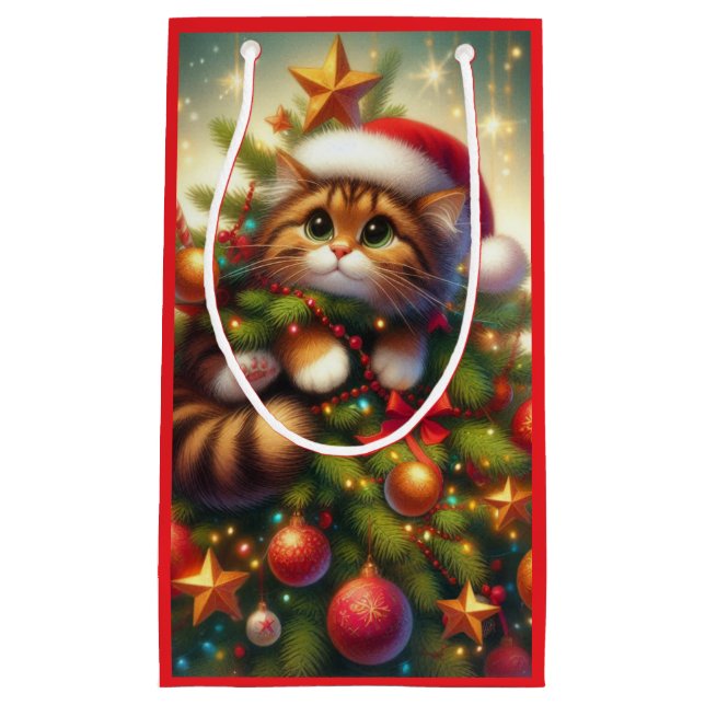 Cute, mischievous cat in the Christmas tree Small Gift Bag (Front)