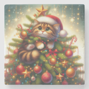 Cute, mischievous cat in the Christmas tree Stone Coaster