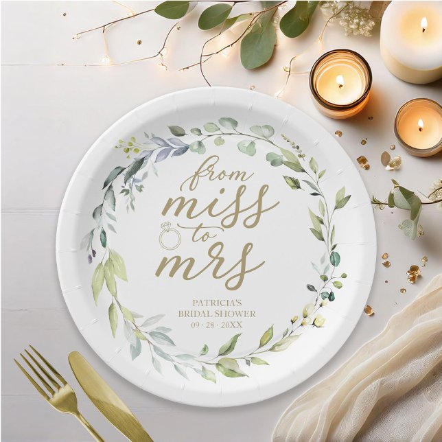 Cute Miss to Mrs Greenery Eucalyptus Bridal Paper  Paper Plate (Creator Uploaded)