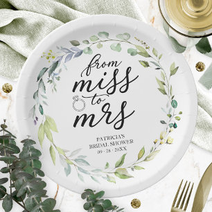 Cute Miss to Mrs Greenery Eucalyptus Bridal Paper Plate