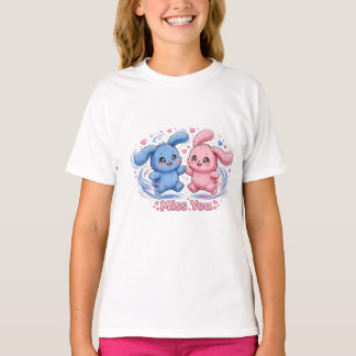 Cute Miss You Couple T-Shirt, Blue Pink Bunny Mons T-Shirt