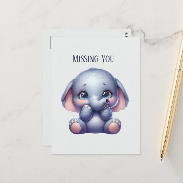 Cute Missing you elephant Postcard (Front/Back In Situ)