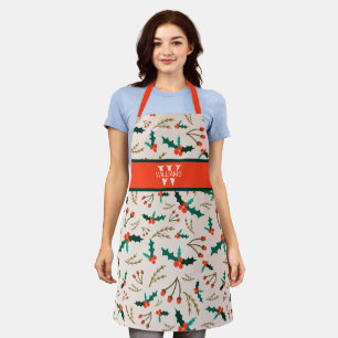 Cute Mistletoe Berry Christmas Monogram Holiday Apron