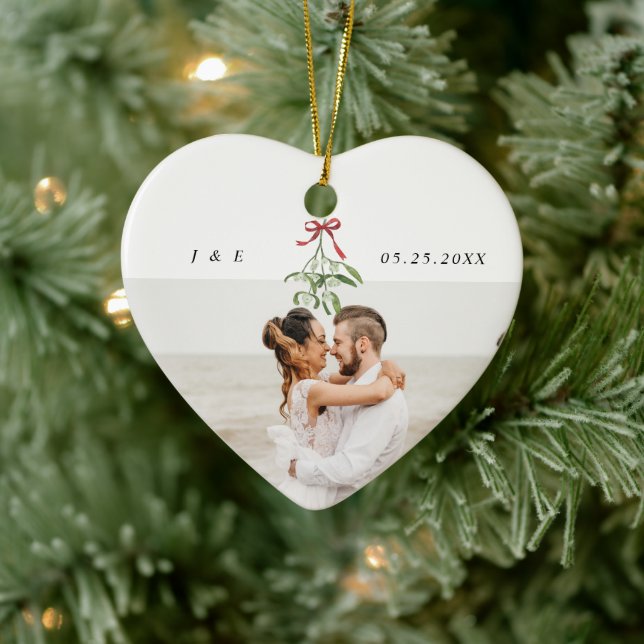 Cute Mistletoe Newlyweds Wedding Photo Monogram Ceramic Tree Decoration (Tree)