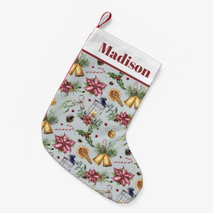 Cute Mistletoe Poinsettia Christmas Bells Holiday Small Christmas Stocking