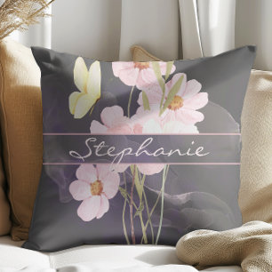Cute Misty Watercolor Flowers With Butterfly Grey Cushion