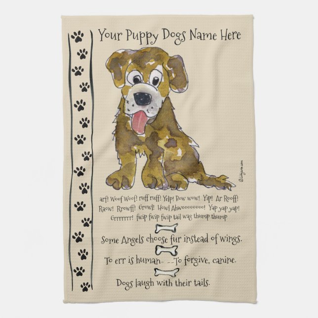 Cute Mixed Breed Cartoon Dog Quotes Kitchen Towel (Vertical)