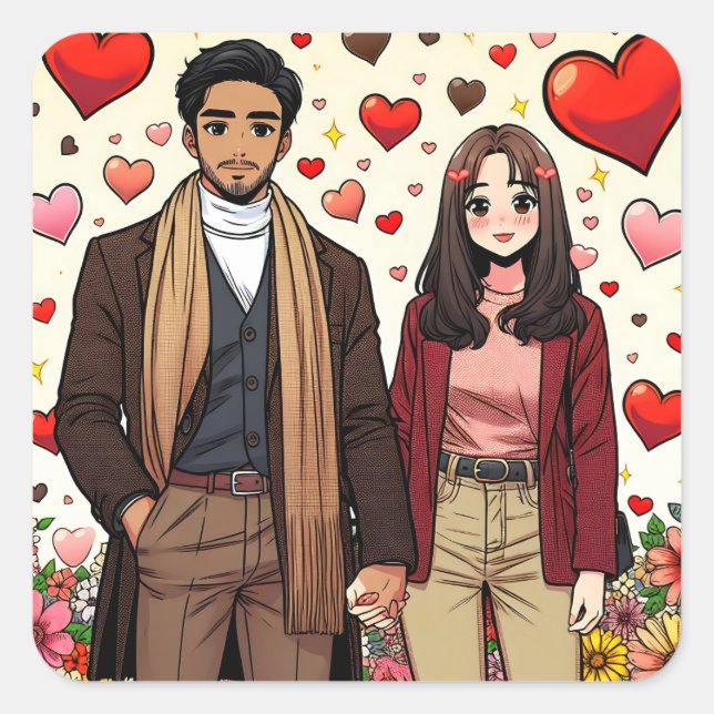 Cute Mixed Couple on Valentine's Day Square Sticker (Front)