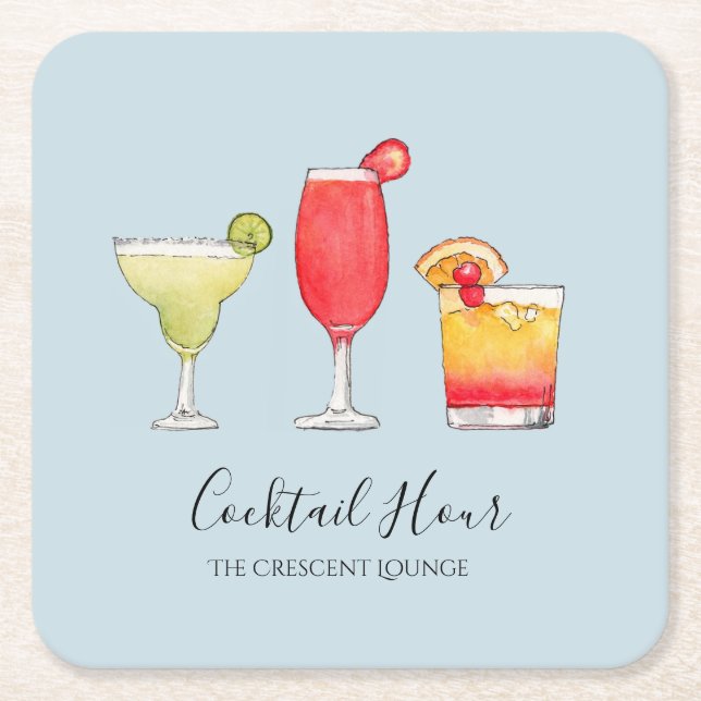 Cute Mixed Drinks cocktails in watercolor   Square Paper Coaster (Front)