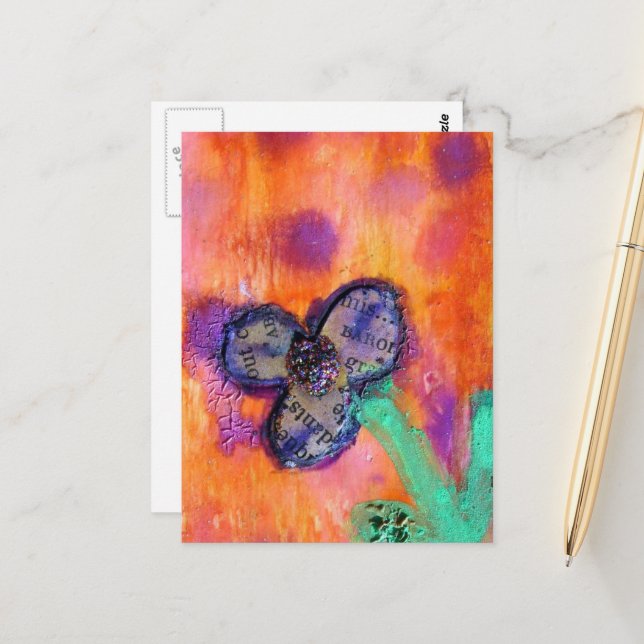 Cute Mixed Media Flower Collage Postcard (Front/Back In Situ)