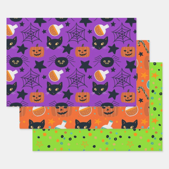 Cute Mixed Pattern Halloween Coordinating Wrapping Paper Sheet (Set)