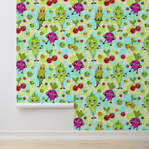 Cute mixed vegetables and fruit tiled pattern wallpaper