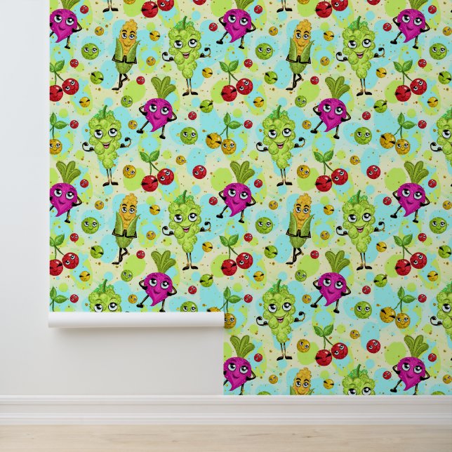 Cute mixed vegetables and fruit tiled pattern  wallpaper (Application)