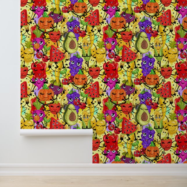 Cute mixed vegetables and fruit tiled pattern wallpaper (Application)