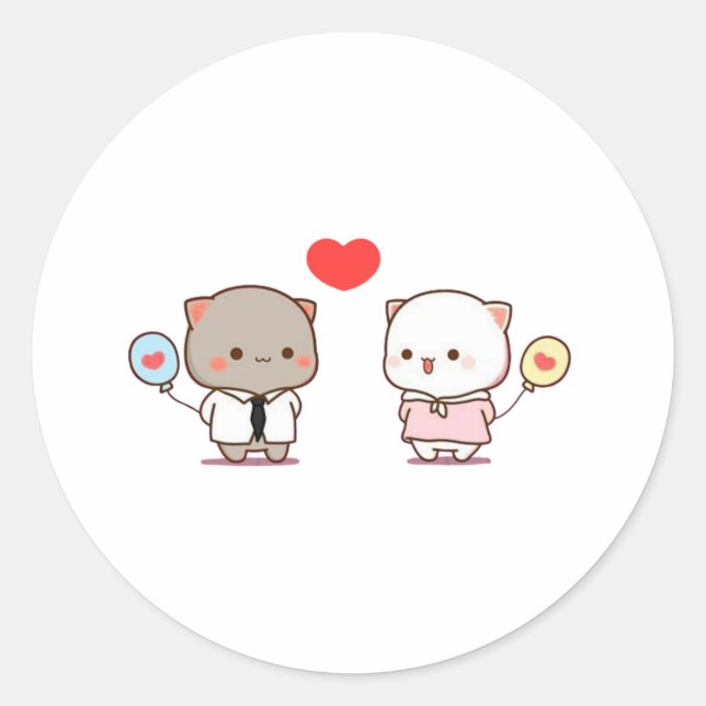 Cute Mochi Peach Cat, Happy Valentines Day Classic Round Sticker (Front)
