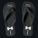 Cute Mock Tuxedo Tie The Groom Black Wedding Flip Flops<br><div class="desc">These cute flip flops are the perfect way for the groom to kick off his shoes and celebrate at his wedding reception. They feature a cute and fun mock tuxedo design that is simple, cute, and fun with a white bow tie and buttons on a black background with his name...</div>