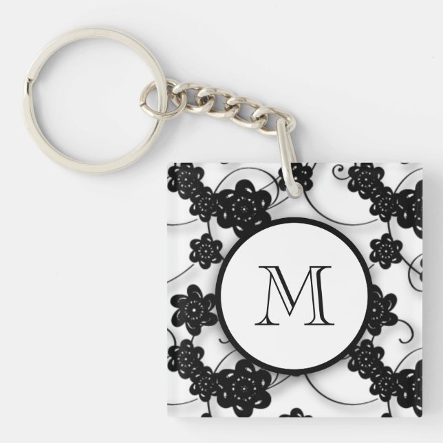 Cute Mod Black Flowers Pattern, Your Initial Key Ring (Front)