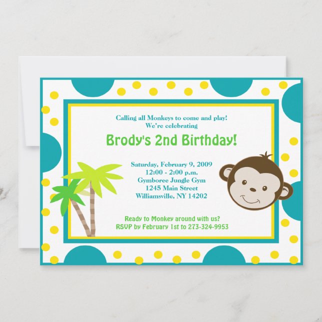 Cute Mod Monkey Blue & Yellow Birthday 5x7 Invitation (Front)