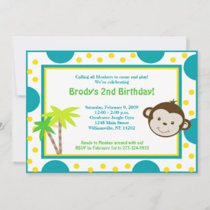 Cute Mod Monkey Blue & Yellow Birthday 5x7 Invitation