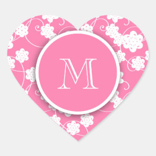 Cute Mod Pink Flowers Pattern, Your Initial Heart Sticker