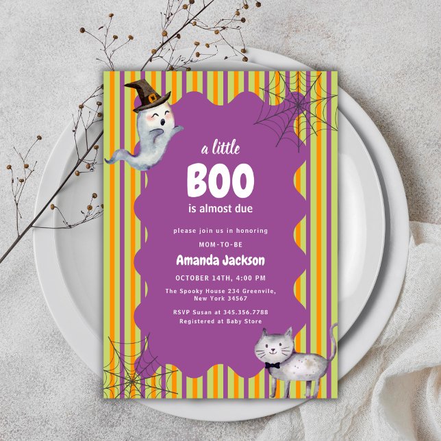 Cute Modern A Little Boo Ghost Cat Baby Shower  Invitation (Cute Modern A Little Boo Ghost Cat Baby Shower Invitation)