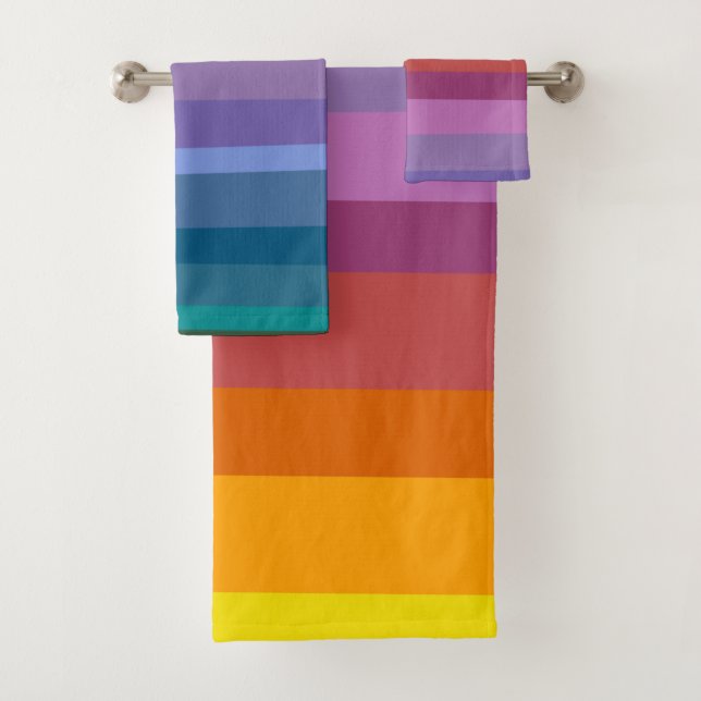 Cute Modern Abstract Vibrant Rainbow Stripes Art Bath Towel Set (Insitu)