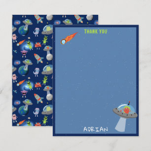 Cute Modern Alien Monsters Space Kids Custom Name Thank You Card