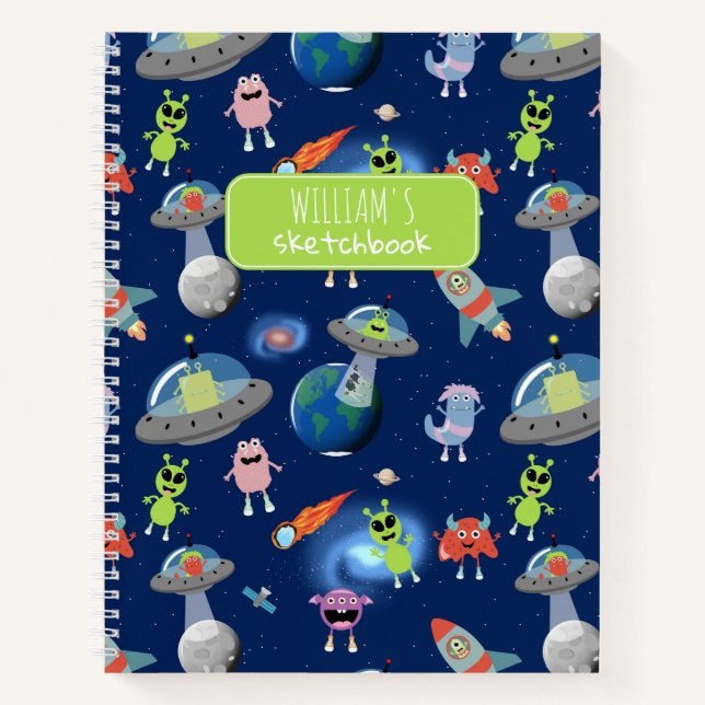 Cute Modern Alien Monsters Space Kids Pattern Notebook (Front)