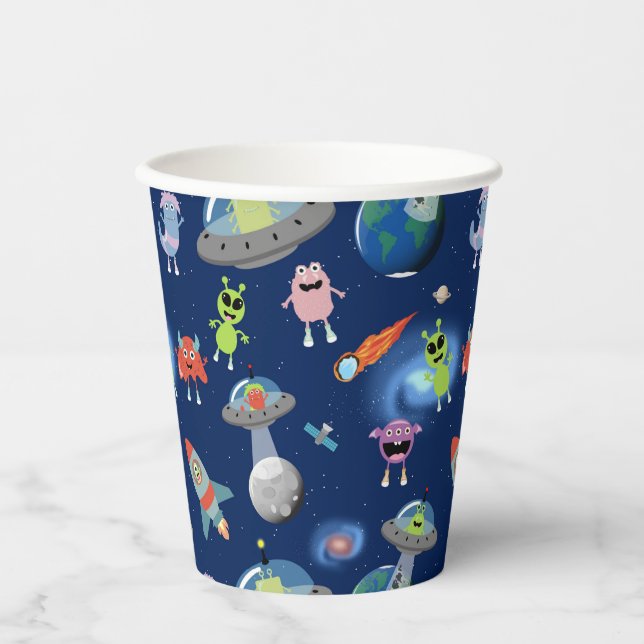Cute Modern Alien Monsters Space Kids Pattern Paper Cups (Front)