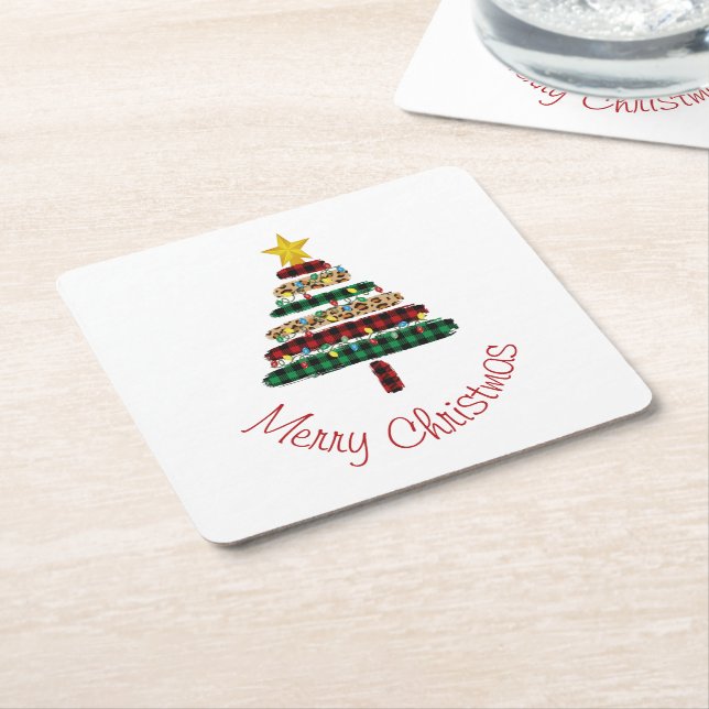 Cute Modern Animal Print Christmas Tree Holiday   Square Paper Coaster (Angled)