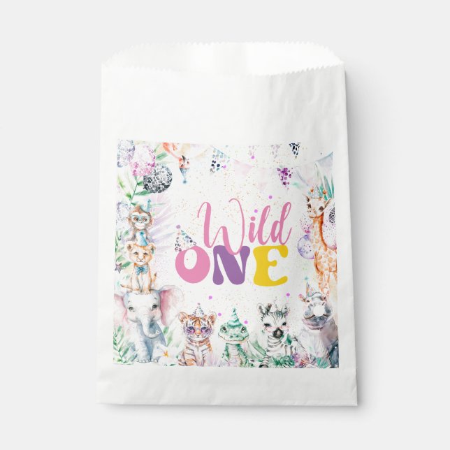 Cute Modern Animals Safari Wild One Birthday Party Favour Bags (Front)