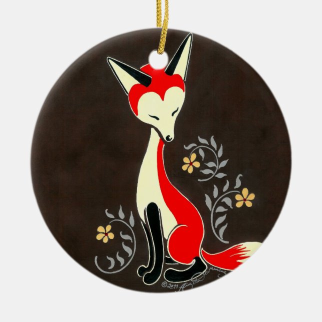 Cute Modern Artsy Fox Painting Ceramic Tree Decoration (Front)