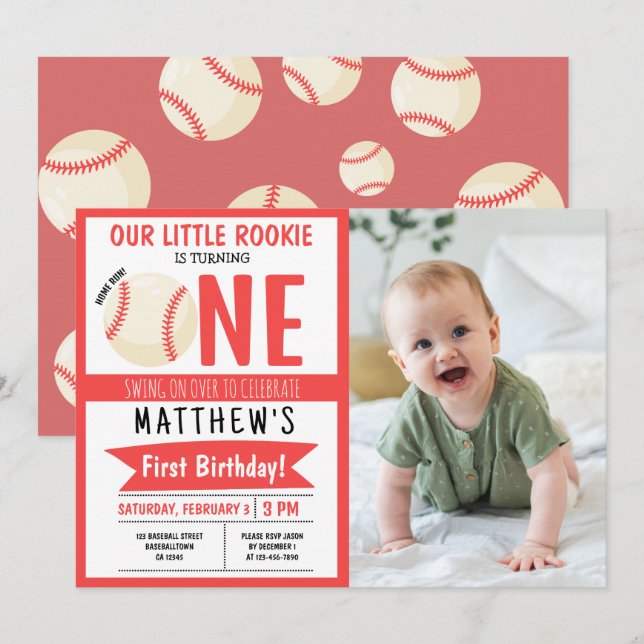 Cute Modern Baseball Ribbon Photo 1st Birthday Invitation (Front/Back)