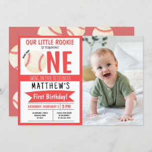 Cute Modern Baseball Ribbon Photo 1st Birthday Invitation