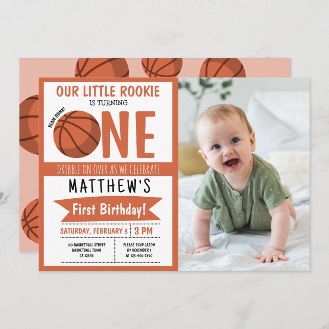 Cute Modern Basketball Ribbon Photo 1st Birthday Invitation (Front/Back)