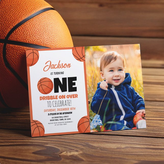 Cute Modern Basketball Sports Photo 1st Birthday Invitation (Creator Uploaded)