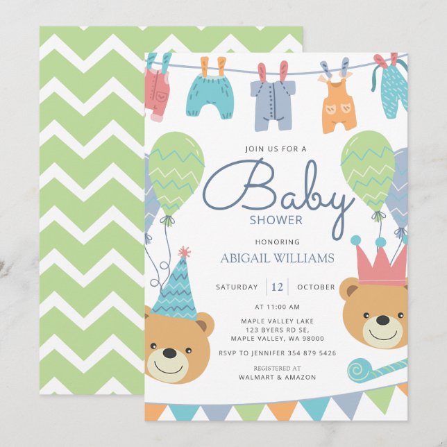 Cute Modern Bears & Balloons - Baby Shower Invitat Invitation (Front/Back)