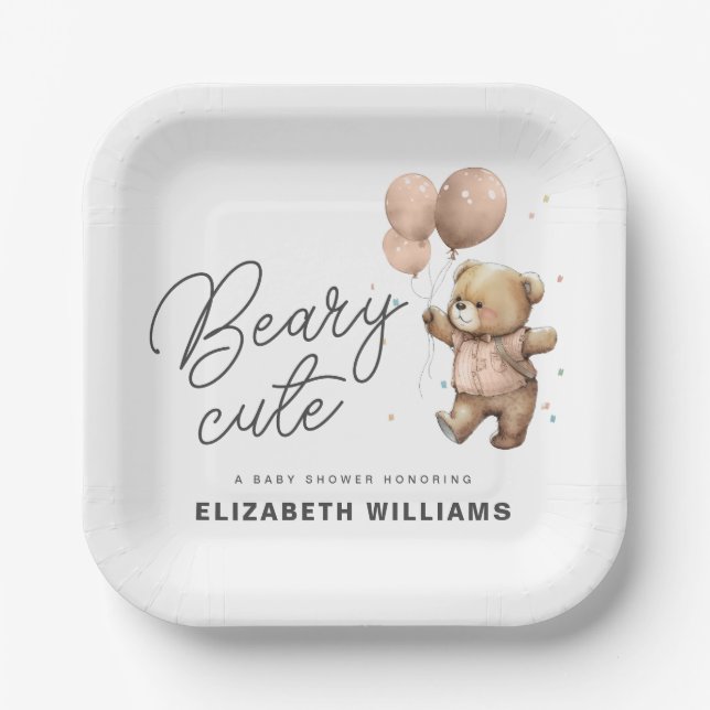 Cute Modern Beary Sweet Baby Shower Party Paper Plate (Front)