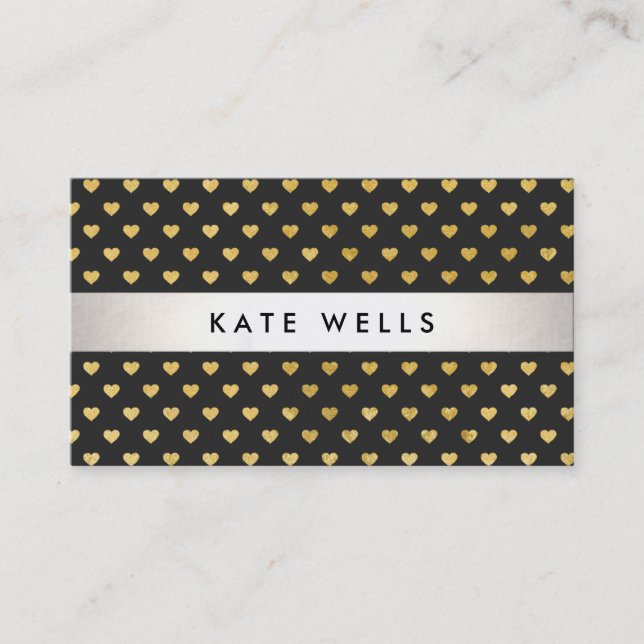 Cute Modern Beauty Black and Gold Heart Pattern Business Card (Front)