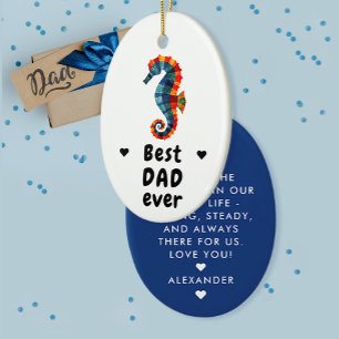 Cute Modern Best Dad Ever Blue Seahorse Father Ceramic Tree Decoration