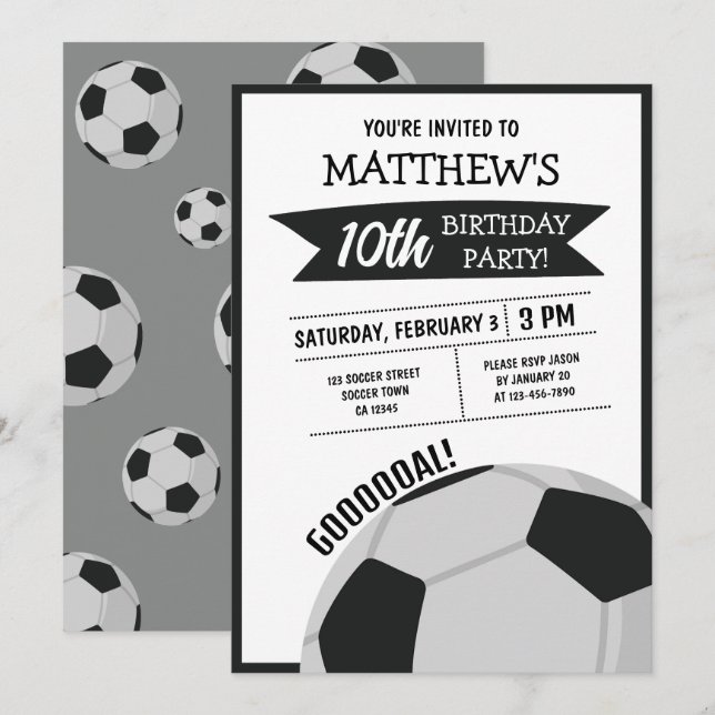 Cute Modern Big Soccer Ball Ribbon Kids Birthday Invitation (Front/Back)