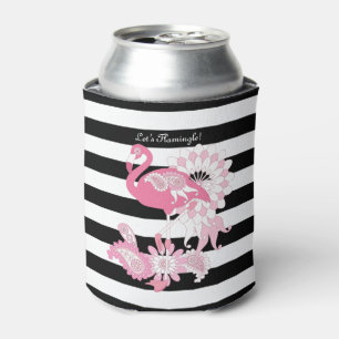 Cute Modern Black and White Stripe Pink Flamingo Can Cooler