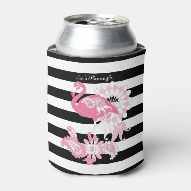 Cute Modern Black and White Stripe Pink Flamingo Can Cooler (Can Front)