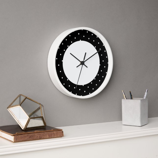 Cute Modern Black Polka Dotted Outer Rim On White Clock (Office)