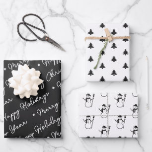 Cute Modern Black Snowman Christmas Trees Script Wrapping Paper Sheet