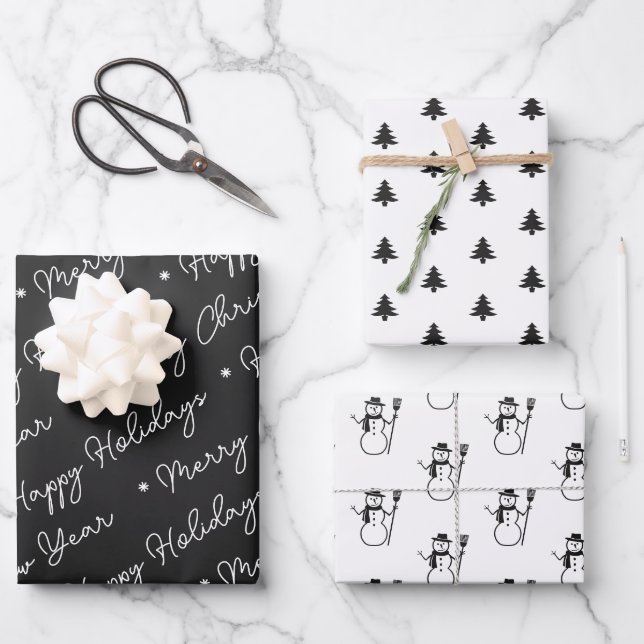 Cute Modern Black Snowman Christmas Trees Script Wrapping Paper Sheet (Front)
