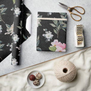 Cute Modern Black Watercolor Floral Pattern Wrapping Paper