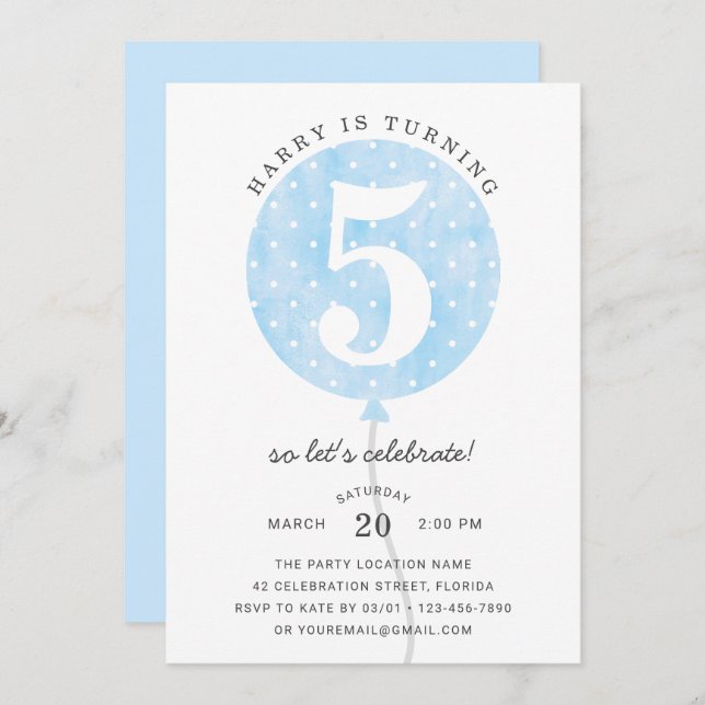Cute Modern Blue Balloon Elegant Boy Birthday Invitation (Front/Back)