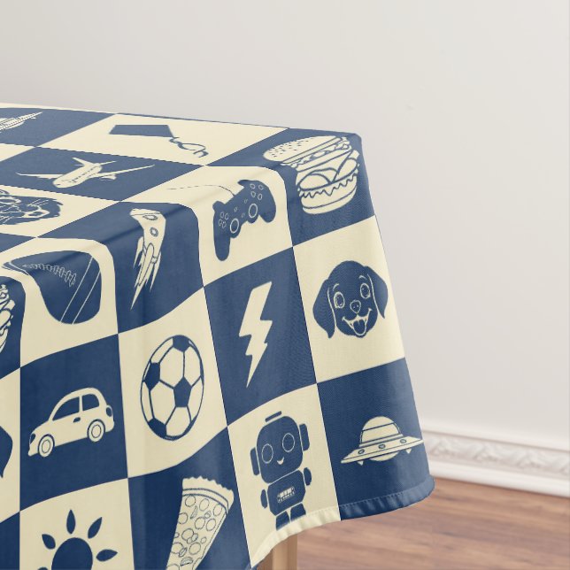 Cute Modern Blue Chequered Icons Pattern Boy's Fun Tablecloth (In Situ)