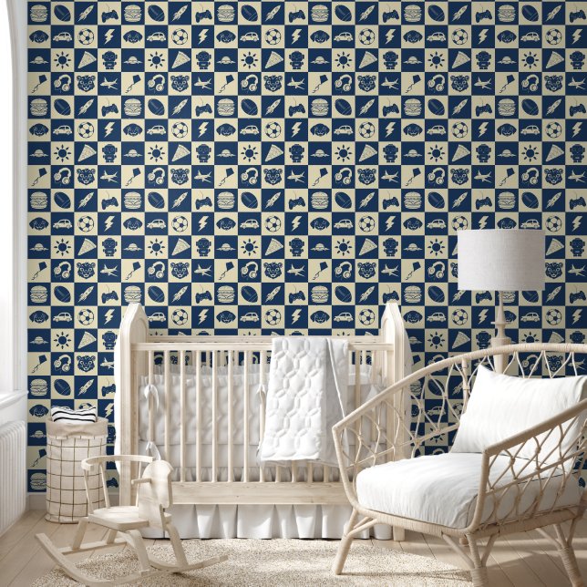Cute Modern Blue Chequered Icons Pattern Boy's Wallpaper (Kids)